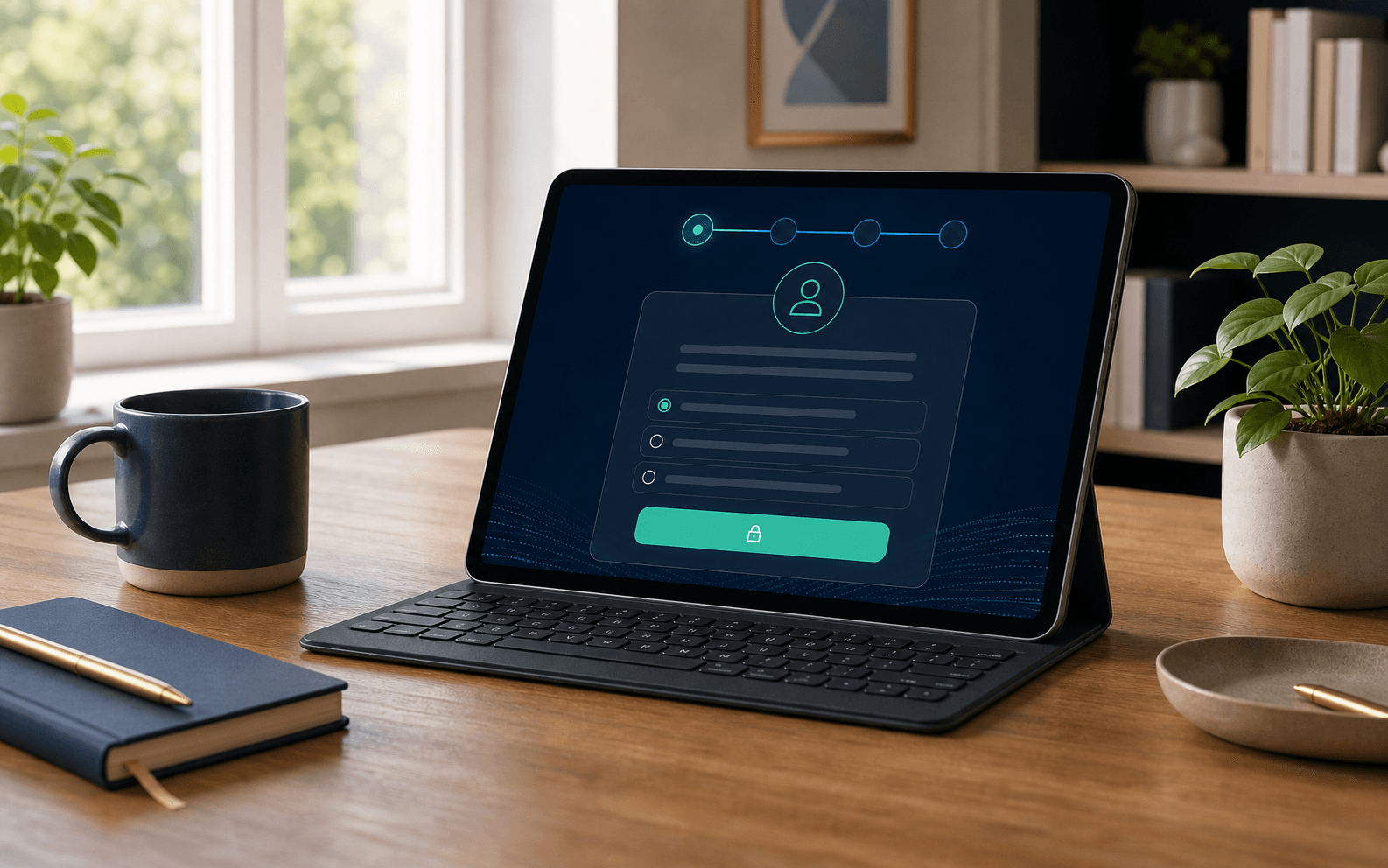 A calm PsychGate workspace showing a secure guided intake start on a tablet