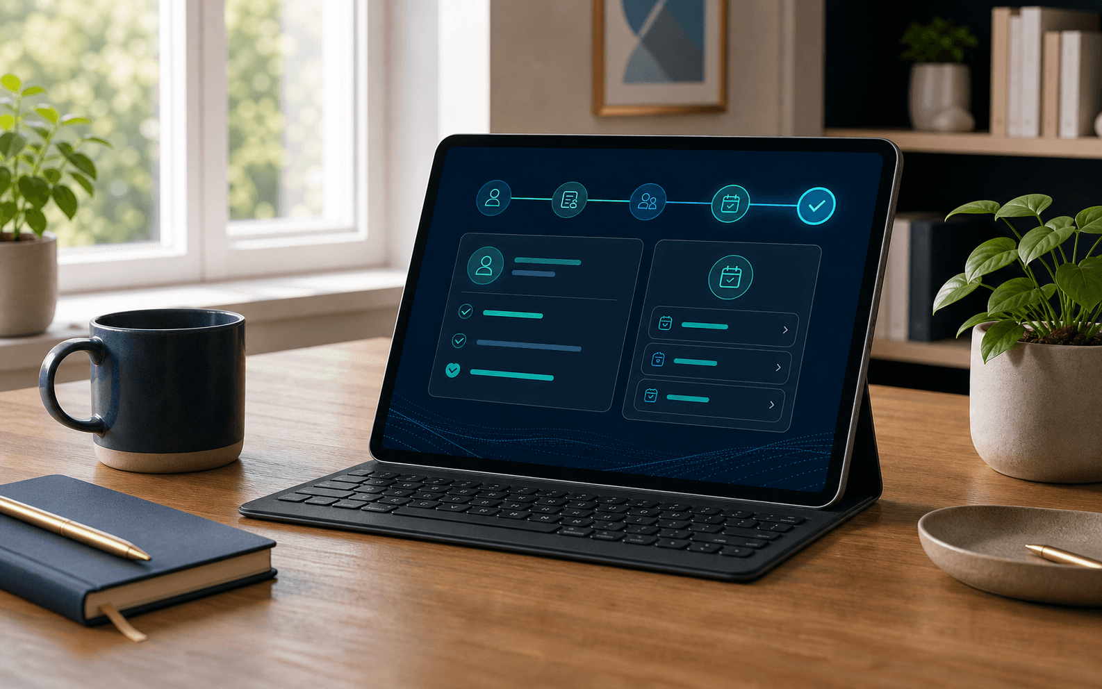 A calm PsychGate workspace showing connected next-step and scheduling cues on a tablet